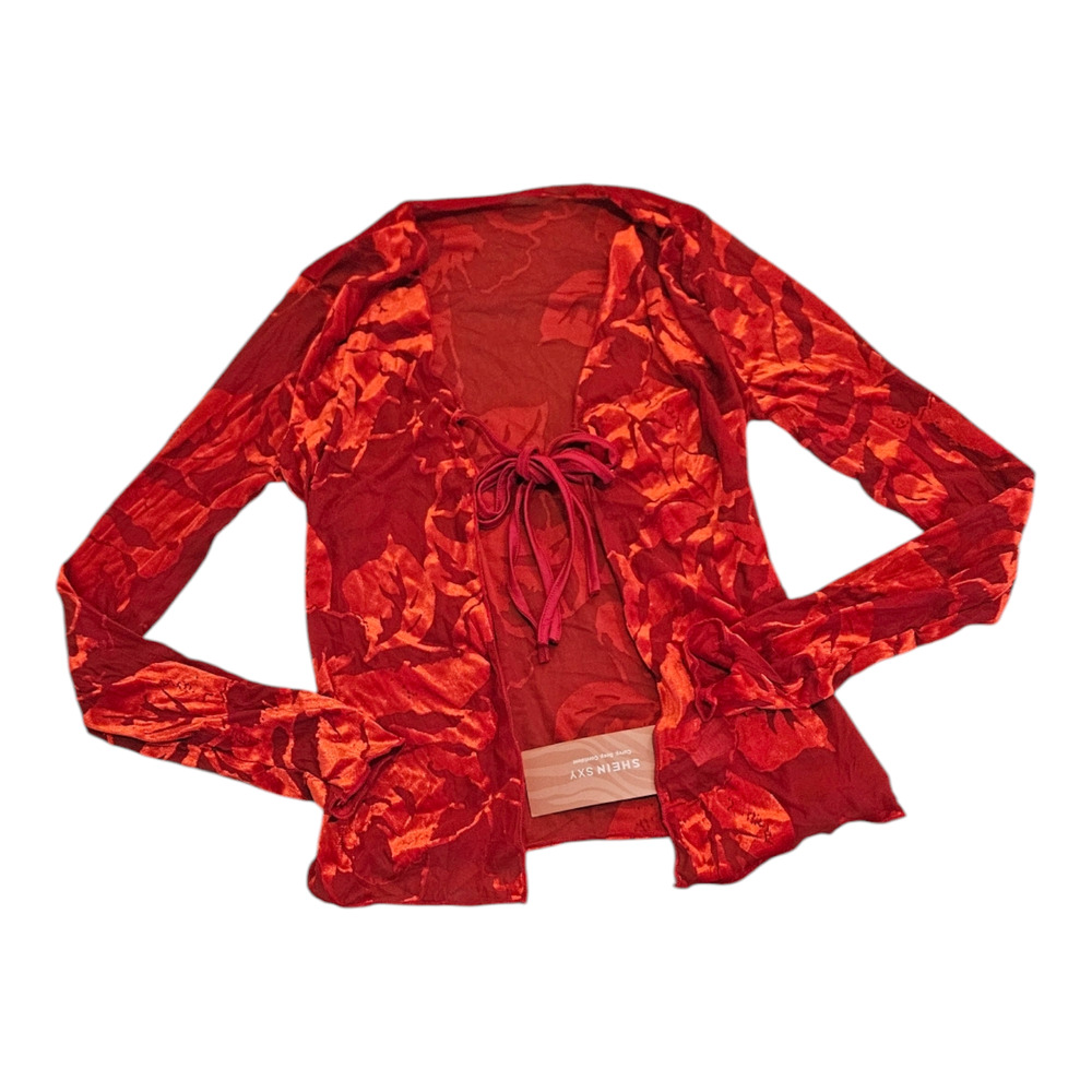 Shein Small Red Long Sleeve Open Tie Closure Top
